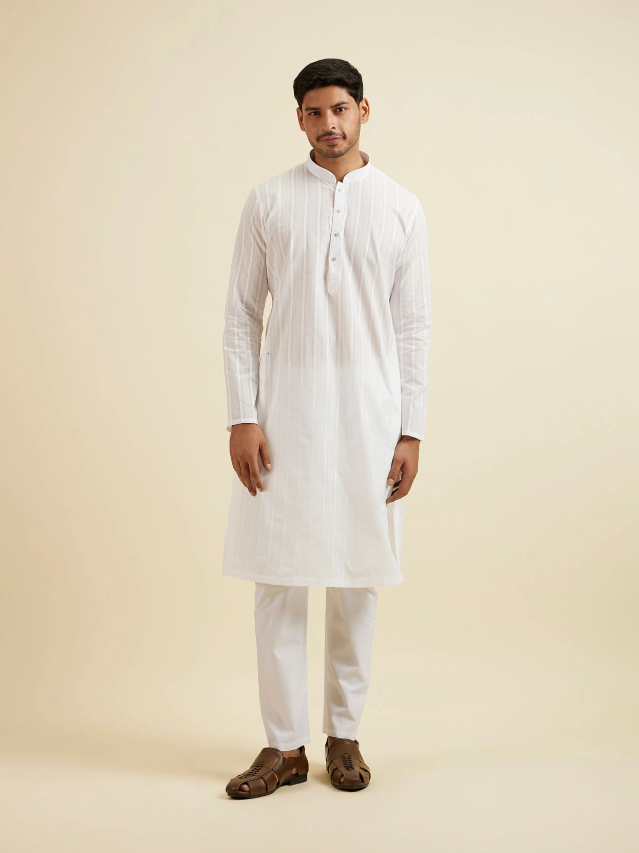 Manyavar White Cotton Self Design Kurta Set - SDES1076-301