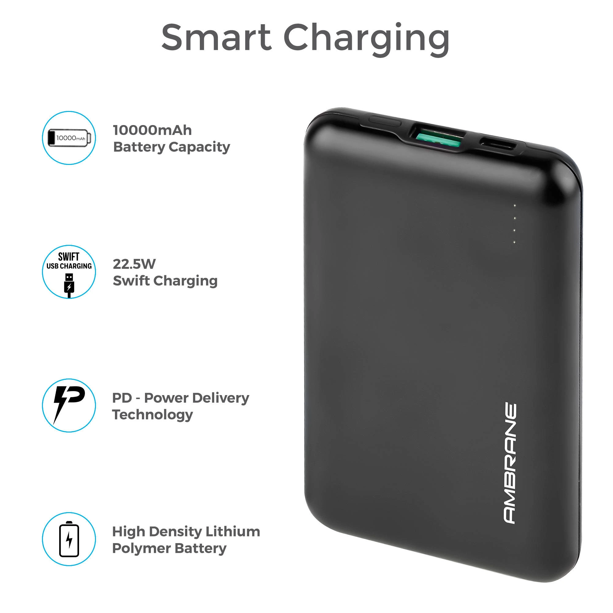 Ambrane PowerLit Pro 10000 mAh Power Bank - Black